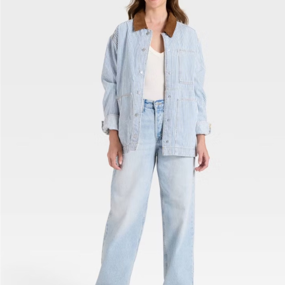 Universal Thread Blue Striped Jean Jacket with Brown Collar - Picture 2 of 3